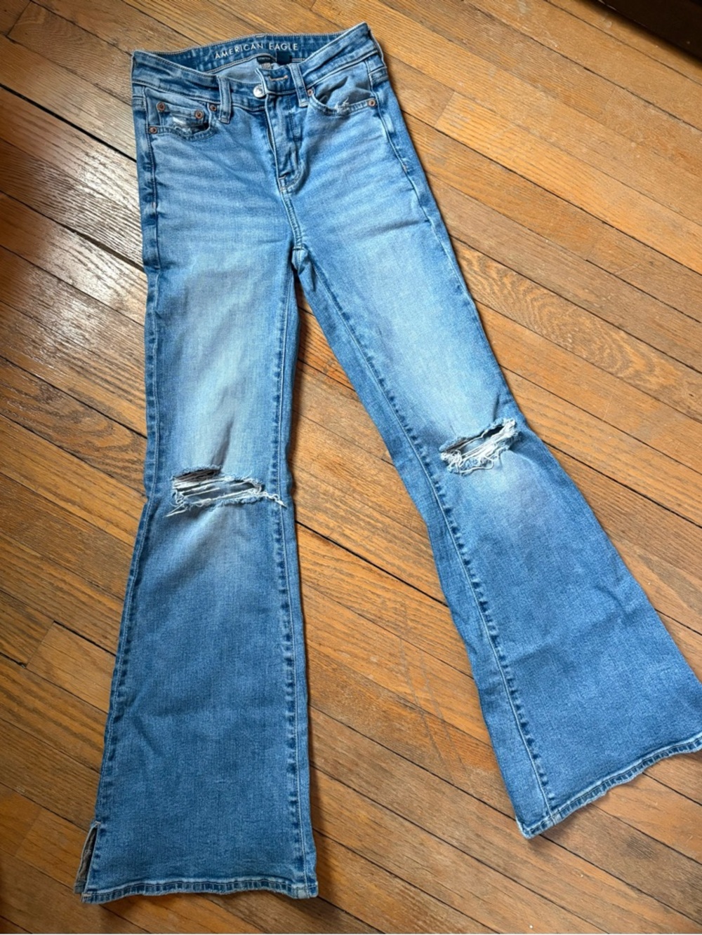 American Eagle Outfitters Medium Blue Distressed Flare Jeans - Women's